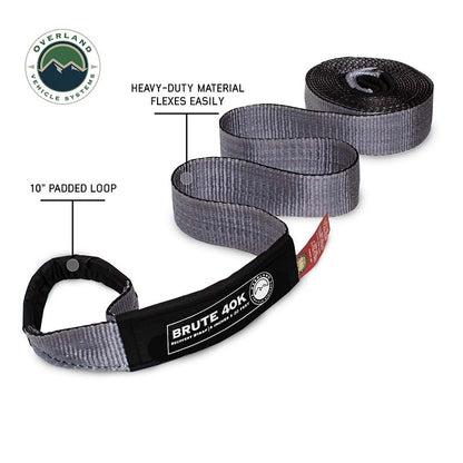 The Tow Strap 4 x 20' Gray With Black Ends &amp; Storage Bag by Overland Vehicle Systems is a reliable and durable solution for any winch and recovery needs. Heavy Duty Material Flexes easily. 40000 lb. tow strap featuring a 10" padded loop. High Durability Recovery Strap.
