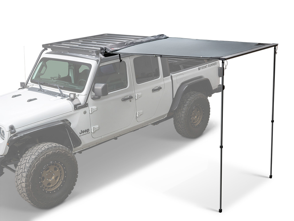 Quick and easy two-person set up in under 60 seconds.
Mounts quickly and easily to the side of your Front Runner Roof Rack for instant sun or rain protection.
Water-repellant, UV-resistant awning measures 2.5m/8.2 ft wide and extends 2.1m/6.9 ft from mounting extrusion.