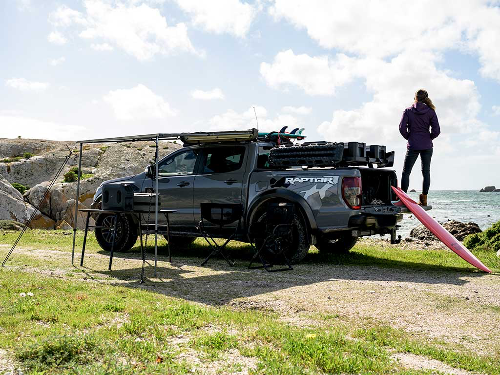 Lightweight, yet durable, vertical support poles have spikes on the end for secure ground placement and extend to 2.4m/7.9 ft maximum height for use with taller vehicles.
Telescopic aluminum twist-lock upright and rafter poles as well as aluminum rafters that ensure rigidity.
Includes reflective guidelines with tent stakes for stability in windy conditions.
Durable, heavy-duty PVC coated 650g nylon cover protects your awning while stowed and in transit.
Universal mounting hardware included.