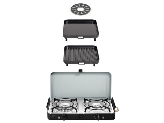 Each burner has an interchangeable die-cast aluminum, non-stick (GreenGrill) flat grill, and griddle top. In addition, it comes with two pot stands, a coffee pot holder, and a carry bag. 