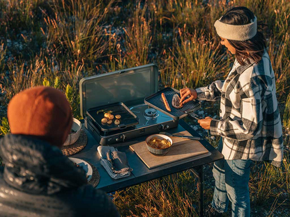 The GreenGrill top, Flat Grill top, or pot stand can each fit independently on a single burner where you can mix and match between grilling, frying, cooking, or making coffee simultaneously.
