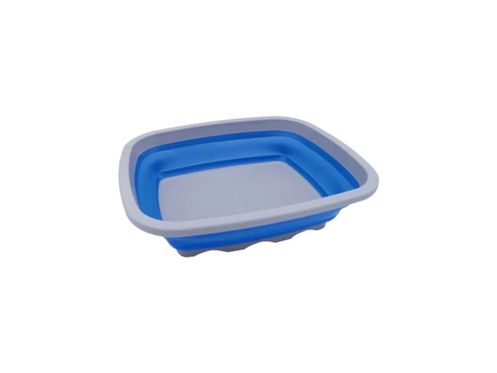 A large washing up basin. Conveniently compact, the silicone structure collapses down into itself to save space. Strong design allows this foldaway basin to stand alone. Lipped edge allows this basin to hook into the camp table-cut-out's edge. Food safe.